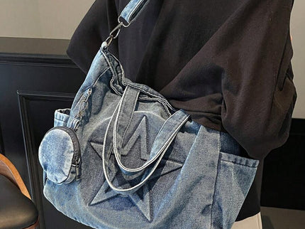 sac cabas bleu en denim pour femme a double sangle portee a l'epaule