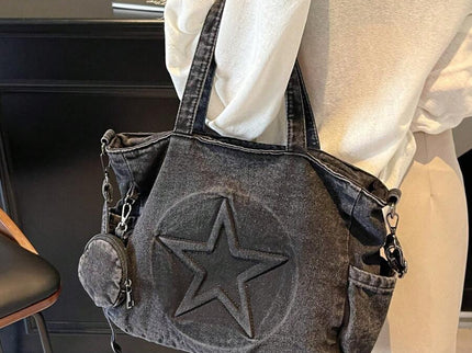 sac cabas noir pour femme en jeans avec etoilee brodee et cousue