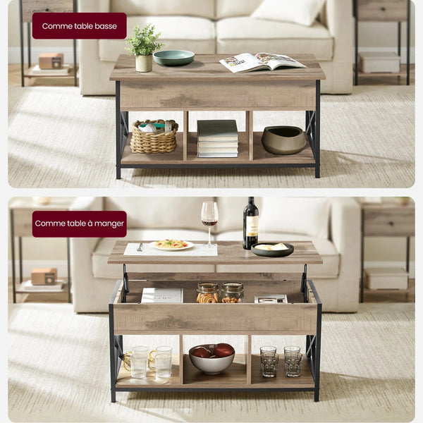 table basse industrielle avec plateau relevé, espace de travail ou repas intégré