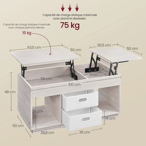 table basse moderne beige avec tiroirs et compartiments cachés