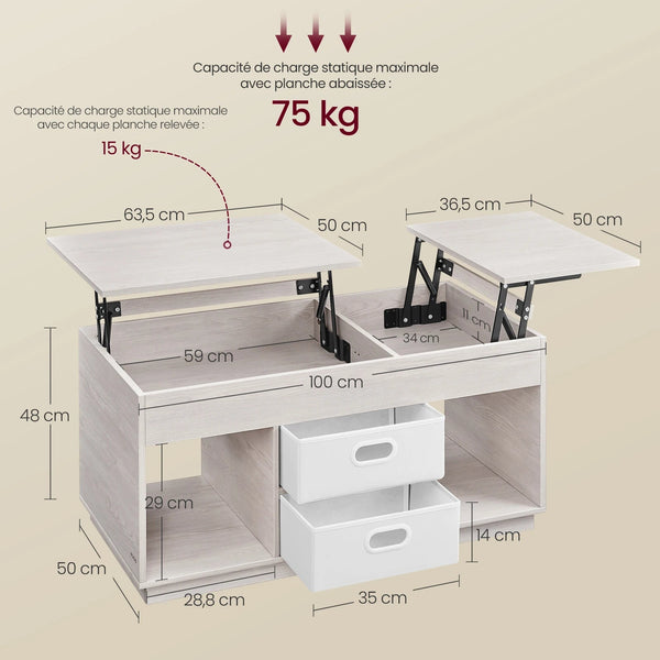 table basse moderne beige avec tiroirs et compartiments cachés