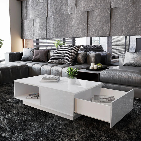 table basse moderne blanche avec éclairage LED intégré