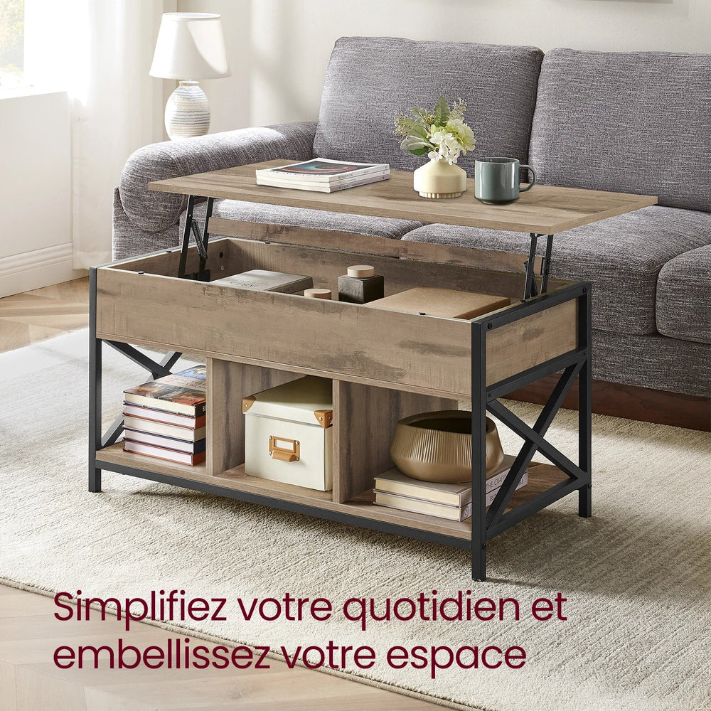 table basse relevable RALU en bois camel avec structure acier noir dans un salon moderne