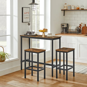 table de bar HALU avec tabourets rangés dessous, format compact pour petit espace