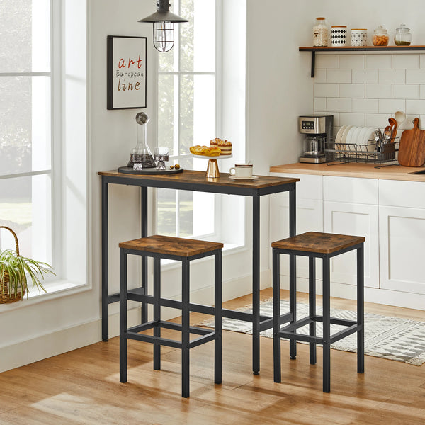 table de bar HALU avec tabourets rangés dessous, format compact pour petit espace