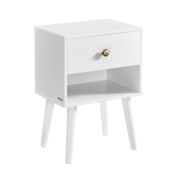 table de chevet JIAL en bois blanc avec tiroir et pieds en bois massif