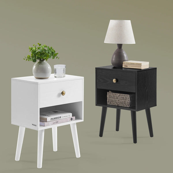 table de chevet noir et blanche avec décoration, tiroir et tiroir