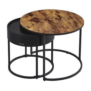 tables basses gigognes JALI sur fond blanc, design rond en bois et acier noir