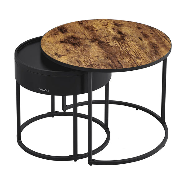 tables basses gigognes JALI sur fond blanc, design rond en bois et acier noir