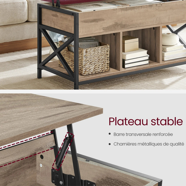 vue des compartiments ouverts et du rangement caché sous le plateau relevable